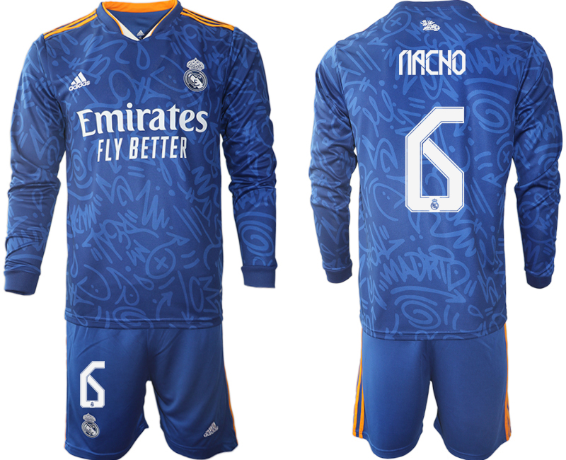 Men 2021-2022 Club Real Madrid away blue Long Sleeve #6 Soccer Jersey->customized soccer jersey->Custom Jersey